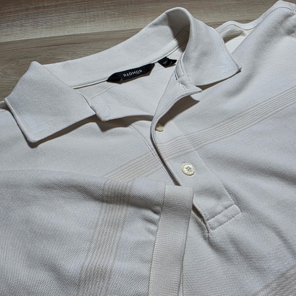 Radmor Golf Polo Mens Large White Cream Striped Pima Cotton Stretch Short Sleeve